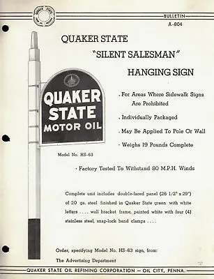 $14.99 • Buy Vintage 1967-1969 QUAKER STATE SILENT SALESMAN Hanging Sign HS-63 Jobbers SHEET