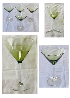 VINTAGE Martini Glasses 10 Oz. BLOWN GREEN GLASS Clear Stem 4-Piece Set • $32.88