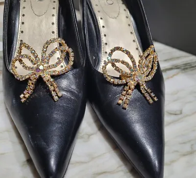 Vintage MUSI Shoe Clips Gold Tone AB Rhinestone Bow Shoe Clips  • $14.77