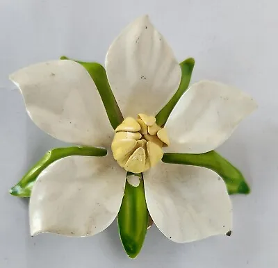 Vtg Sarah Coventry Polynesian 1960s Brooch Pin Lrg Enamel Flower Magnolia White • £22.17