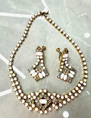Vintage Milk Glass & Clear Rhinestone Screw Back Earrings & Choker Necklace Set • $24