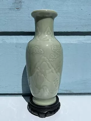 Estate Find Chinese Carved Celadon Longquan Vase W/ Stand • $299