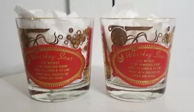 Set Of 2 Jeanette Glass Red Gold Whiskey Sour Old Fashioned Lowball Glasses • $12