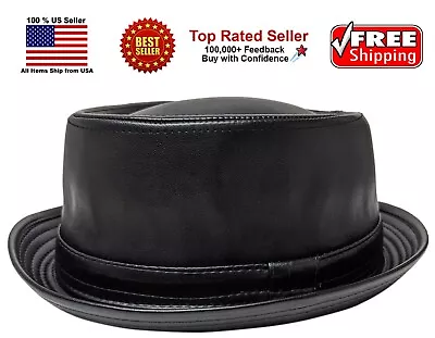 Porkpie Pork Pie Fedora Upturn Short Brim Black Faux Leather Hat • $18