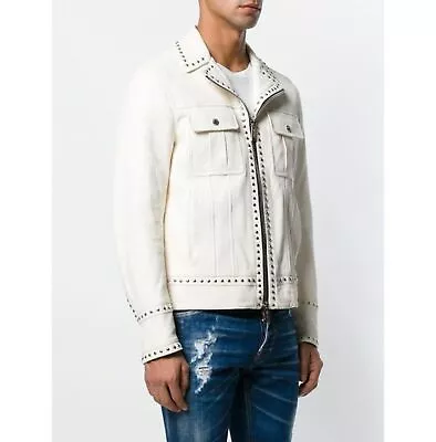 Men's White Studded Leather Biker Jacket Motorcycle Fashion Lambskin Coat • $112.36