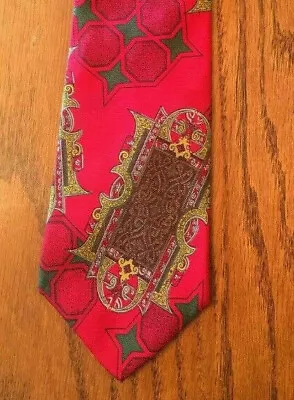 Tie Christmas Mardi Gras Gold Red Fuchsia Medallion Patterned Silk Andhurst Used • $15.99