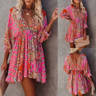 Womens Sexy Boho Floral Mini Dress Backless V Neck Summer Holiday Beach Sundress • £13.19