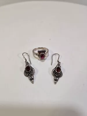 Vintage Boma 925 Sterling Silver Set Earrings Ring Garnet Cabochons *91 • $55