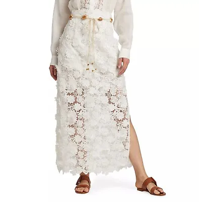 Zimmermann Women's Raie Lace Flower Side Slit Midi Skirt In Ivory Size 4 / US 12 • $349.99