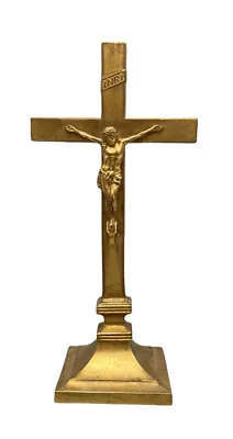 Vintage Cast Metal Standing Crucifix Jesus On Cross Gold Tone 9.5” MADE IN USA • $49.99