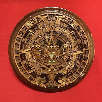 Vintage Aztec Mayan 11  Round Calendar Hand Carved Inlay Wood Art Mexican Wooden • $50