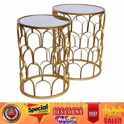 2X Round Accent End Tables Coffee Side Table W/Mirrored Tabletop Metal Nesting • $133