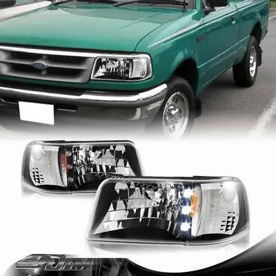 For 93-97 Ford Ranger 1-Piece Black Housing LED Headlights Amber Reflector Lamps • $106.88