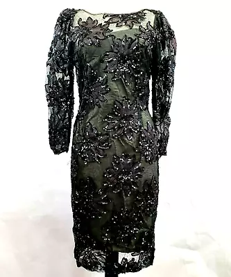Vicky Tiel Paris Black Cocktail Dress V-back Long Sleeve Women Sz 8 Lace Sequin • $199
