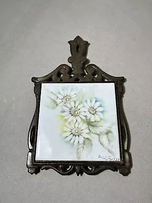 Trivet Cast Iron And Ceramic Tile Taiwan Flowers Kitchen Decor Vintage 1979 . • $3.99