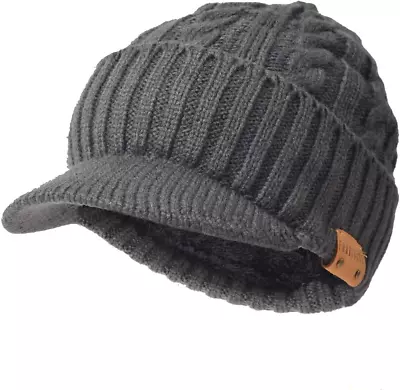 Mens Beanie With Brim Winter Hat Knitted Thick Fleece Visor Beanie With Bill B50 • $11.76