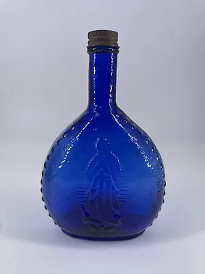 VTG Virgin Mary Lady Of Guadalupe Holy Water Bottle Glass W/Top Colbalt Blue • $78
