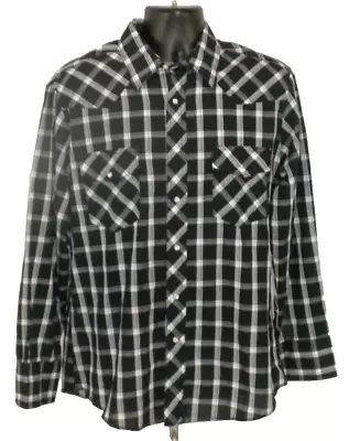 Wrangler Mens Shirt L Black White Plaid Pearl Snap Western Cowboy Long Sleeve • $15.99