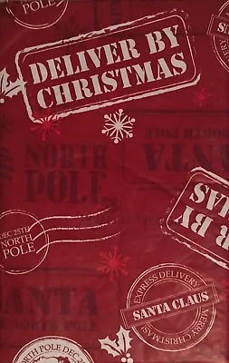 Christmas Vinyl Flannel Back Tablecloth 60 Round Santa Claus Express Red • $19.99