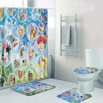 Best! Disney Bubble Pattern Print Shower Curtain Bath Math Toilet Lid Cover Mat • $35