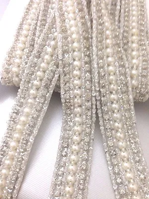 £5.99 • Buy 1Yard Ivory Pearl Beaded Daimonte Bridal Wedding  Applique Trim Edging Costume