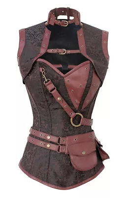 Steel Boned Steampunk Brown Brocade High Neck Strap Pocket Shrug Corset L • $99