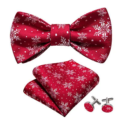 Christmas Bow Ties Mens Silk Bowties Red Snowflake Self Tied Tie Hanky Set Party • $10.99