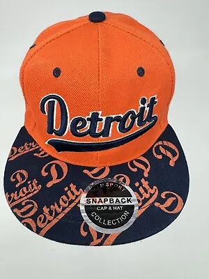 Detroit Logo Orange Navy Blue Hat R M Sport Snapback Flat Brim Polyester Cap EUC • $16.99