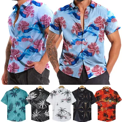 Hawaiian Shirt Men Casaual Stag Palm Tree Party Aloha Summer Holiday Beach Fancy • £6.79