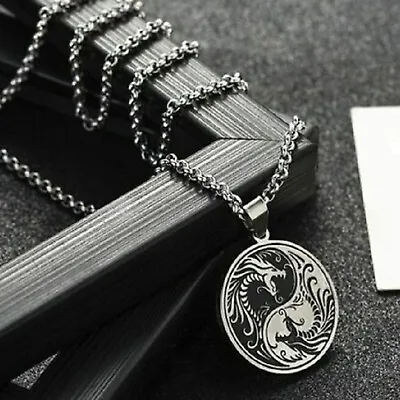 AU Mens Stainless Steel Protection Amulet Dragon Ying Yang Pendant Necklace Men • $17.49