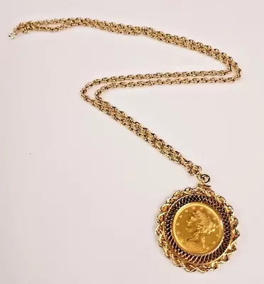 Antique Bezel Set 1881 Lady Liberty & Eagle $5 Coin & 14k Gold Chain Necklace • $2624.87