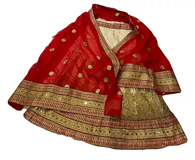 Indian Lehenga Skirt Dupatta Wedding No Blouse Bollywood Zari S/M Red Gold White • $91