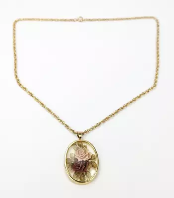 Vintage Acrylic Rose Cameo Pendant Gold Tone Chain Necklace 24  Long • $16.99