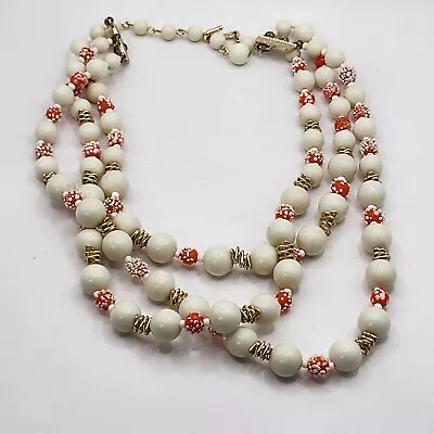 Vtg Beaded Necklace Orange White Textured Gold Tone 3 Strand Signed Japan 14  • $9.74