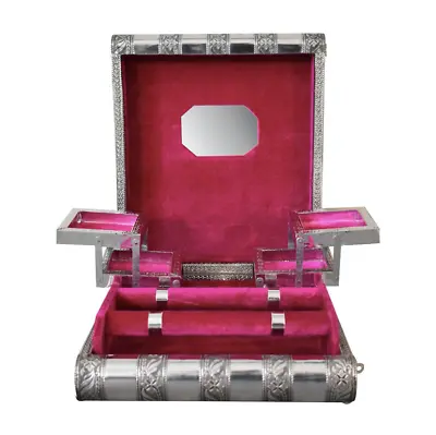 £24.99 • Buy Indian Silver Embossed Jewellery Box/Storage With Fuchsia Pink Interior Velvet