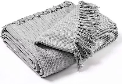 Single/Large/King Size Waffle Cotton Throw Sofa/Bed/Armchair Throw Blanket Smoke • £14.99