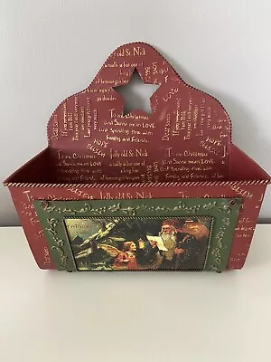 Vtg Tin Christmas Caddy Odds And Ends Card Holder Jolly St Nick Unique RARE HTF • $28.79