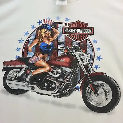 Harley Davidson Mason City Patriotic Red White Blue Busty Blonde T Shirt Mens L • $34.95