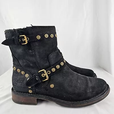 UGG Ankle Boots Black Suede Moto Fabrizia Gold Studs 1003235 Women's Size 8.5 • $49.99