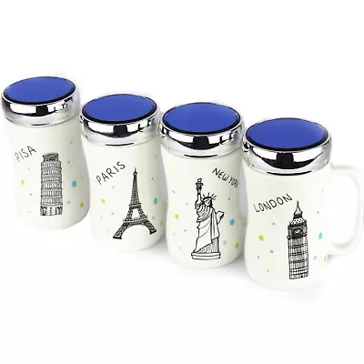 Ceramic Tea Coffee Mugs With Glass Lids Travel Mugs Rubber Seal Screw Lid • £8.99