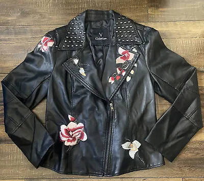 V Cristina Moto Jacket Embellished Black Studded Faux/Vegan Leather Zip Coat • $24.99