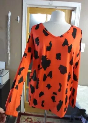  Leopard Top XXL Ink Spot V-Neck Orange Long Sleeve Comfort 2X Brand New La Mode • $26.38