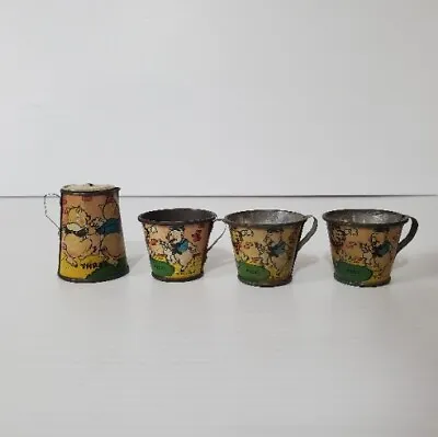 Set 4 Tin Litho Mini Tea Cups Pitcher Walt Disney Three Little Pigs Vintage 1930 • $149.99