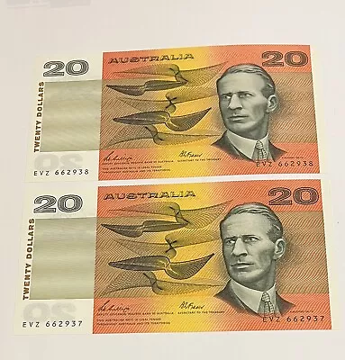 Australian 1989 $20.00 Phillips/Fraser 2 X Consecutive UNC Banknotes • $180