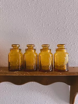 Wheaton NJ Amber Glass Embossed Sunflower Canisters Jars Set Of 4 Vintage 1970s • $90