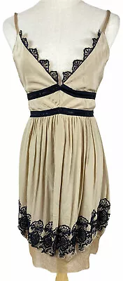 Nicola Finetti Beige Beaded V Neck Silk Womens Dress Size 8 Embroidery RRP $612 • $41.75