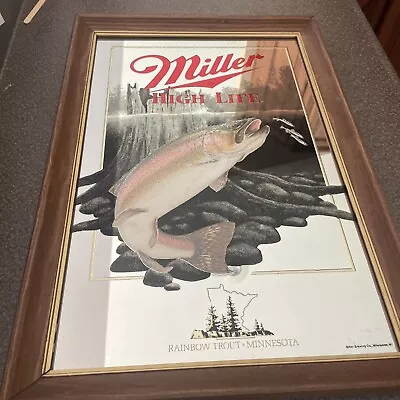 Vintage 1990s Miller High Life Beer  “Rainbow Trout” Mirror Bar Sign Minnesota • $49.99