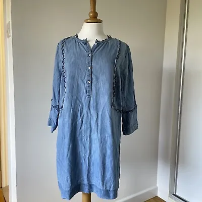 TU Blue Stonewash Denim Longline Tunic Size 18 Dress Top Frilly Casual • £14.50