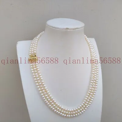 Three-strand Natural AAAA Akoya White Real Pearl Necklace 18  14k Gold P Clasp • $65.99