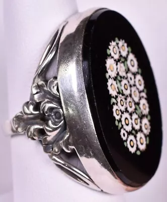 Large Mille Fiori Ring Sterling Size 6.5 Black Glass Flowers  • $89